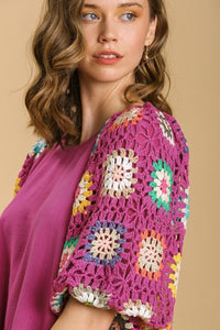 Umgee Colorful Square Crochet Top with 3/4 Puff Sleeves in Mulberry Shirts & Tops Umgee   