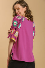 Load image into Gallery viewer, Umgee Colorful Square Crochet Top with 3/4 Puff Sleeves in Mulberry Shirts &amp; Tops Umgee   
