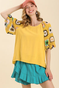 Umgee Colorful Square Crochet Top with 3/4 Puff Sleeves in Yellow Shirts & Tops Umgee   