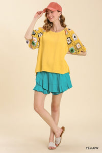 Umgee Colorful Square Crochet Top with 3/4 Puff Sleeves in Yellow Shirts & Tops Umgee   