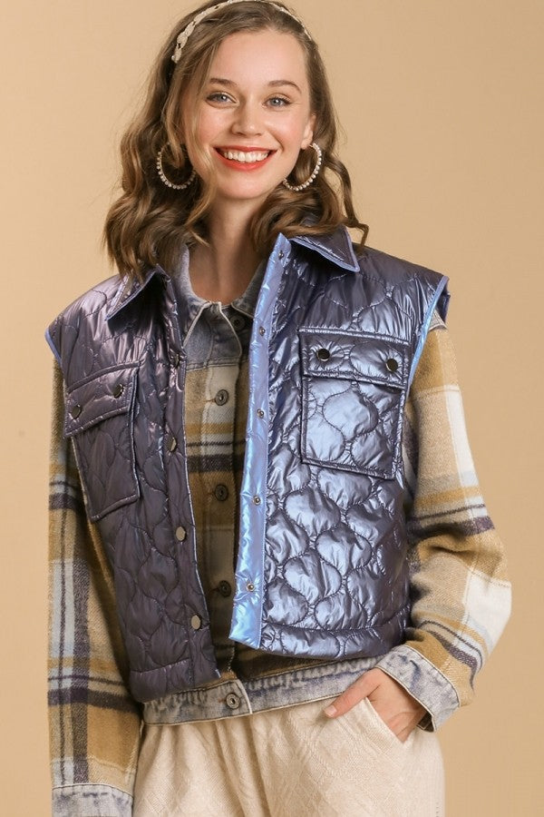 Umgee Shimmery Quilted Vest in Navy Blue Vests Umgee   