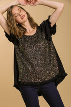 Load image into Gallery viewer, Umgee Black Satin Top with Sequin Details and Ruffled Trim Shirts &amp; Tops Umgee   
