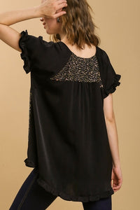 Umgee Black Satin Top with Sequin Details and Ruffled Trim Shirts & Tops Umgee   