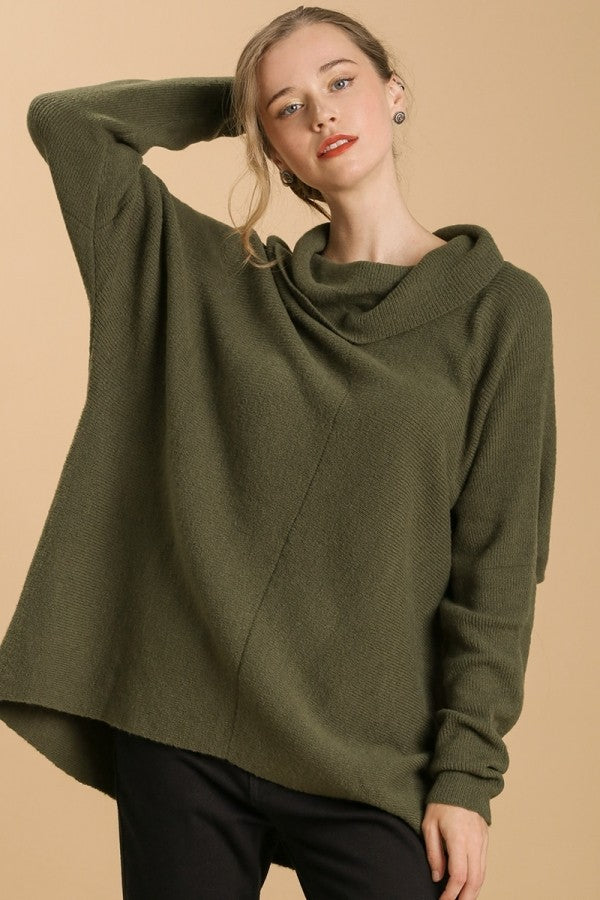 Umgee Cowl Neck Loose Fit Sweater in Olive Sweaters Umgee   