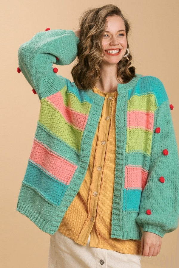 Umgee Emerald Mix Color Block Cardigan with Pom Poms on Sleeves Sweaters Umgee   