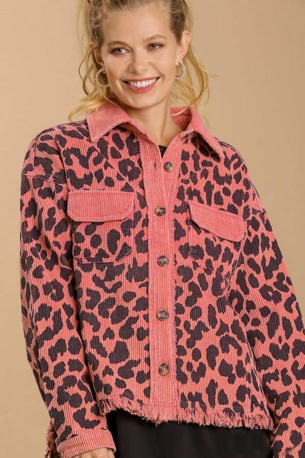 Umgee Rose Pink Animal Print Corduroy Shacket Coats & Jackets Umgee   
