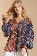 Load image into Gallery viewer, Umgee Mixed Flower Print Split Neck Top in Navy Mix Shirts &amp; Tops Umgee   
