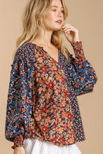 Load image into Gallery viewer, Umgee Mixed Flower Print Split Neck Top in Navy Mix Shirts &amp; Tops Umgee   
