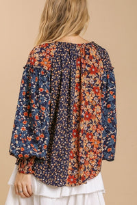 Umgee Mixed Flower Print Split Neck Top in Navy Mix Shirts & Tops Umgee   