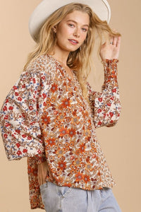 Umgee Mixed Flower Print Split Neck Top in Sand Mix Shirts & Tops Umgee   