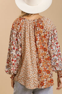 Umgee Mixed Flower Print Split Neck Top in Sand Mix Shirts & Tops Umgee   