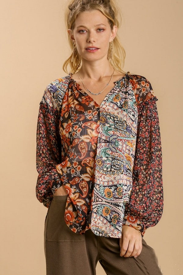 Umgee Mixed Paisley Printed Top with Split Neckline in Black ON ORDER Shirts & Tops Umgee   