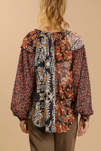 Umgee Mixed Paisley Printed Top with Split Neckline in Black Shirts & Tops Umgee   