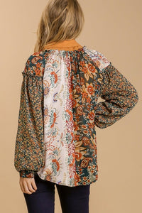 Umgee Mixed Paisley Printed Top with Split Neckline in Forest Mix Shirts & Tops Umgee   