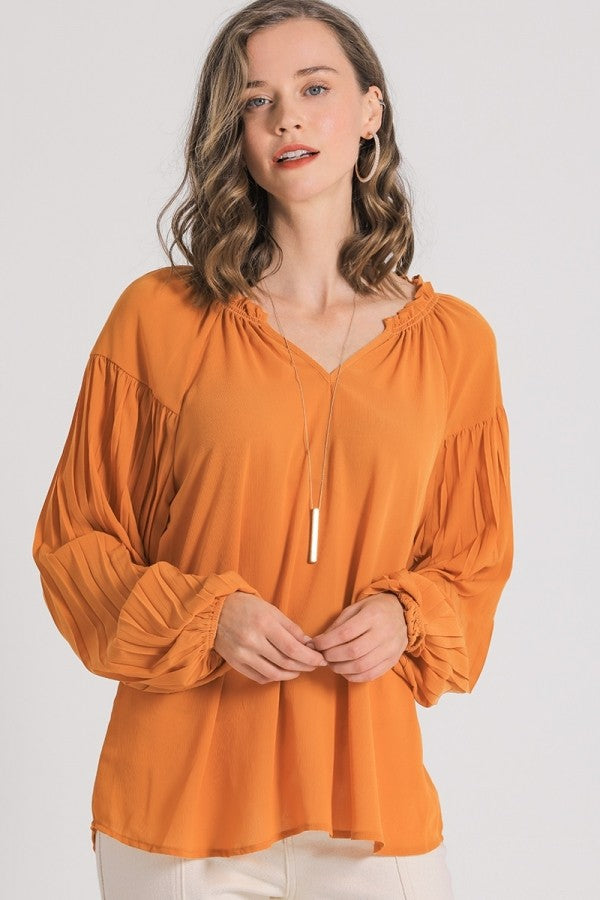 Umgee Top with Split Neck and Pleated Long Sleeves in Marigold-FINAL S –  June Adel