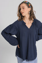 Load image into Gallery viewer, Umgee Top with Split Neck and Pleated Long Sleeves in Midnight Shirts &amp; Tops Umgee   
