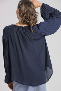 Umgee Top with Split Neck and Pleated Long Sleeves in Midnight Shirts & Tops Umgee   