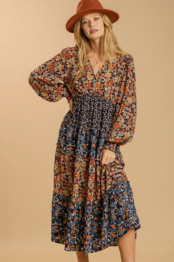 Umgee V Neck Tiered Floral Print Midi Dress in Navy Mix Dresses Umgee   