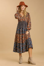 Load image into Gallery viewer, Umgee V Neck Tiered Floral Print Midi Dress in Navy Mix Dresses Umgee   
