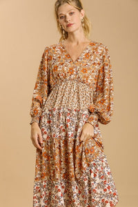 Umgee V Neck Tiered Floral Print Midi Dress in Sand Mix Dresses Umgee   