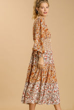 Load image into Gallery viewer, Umgee V Neck Tiered Floral Print Midi Dress in Sand Mix Dresses Umgee   
