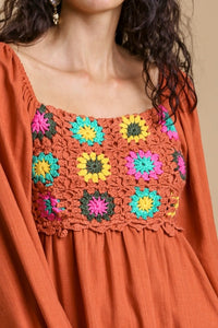 Umgee Dress with Colorful Crochet and Smocking in Clay Dresses Umgee   