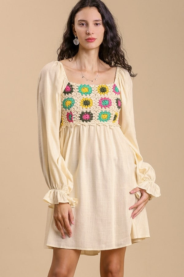 Umgee Dress with Colorful Crochet and Smocking in Cream Dresses Umgee   