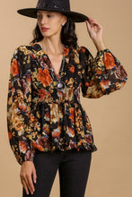 Load image into Gallery viewer, Umgee Floral Print Top in Black with Smocked Waist Shirts &amp; Tops Umgee   

