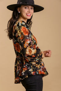 Umgee Floral Print Top in Black with Smocked Waist Shirts & Tops Umgee   