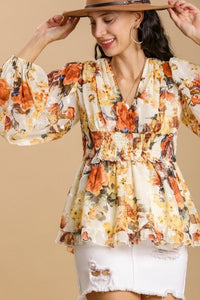Umgee Floral Print Top in Off White with Smocked Waist Shirts & Tops Umgee   