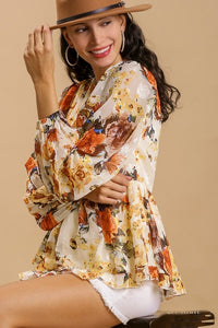 Umgee Floral Print Top in Off White with Smocked Waist Shirts & Tops Umgee   