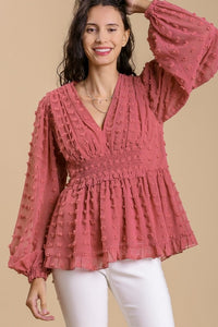 Umgee Swiss Dot Top with Smocked Detail in Dusty Rose Top Umgee   