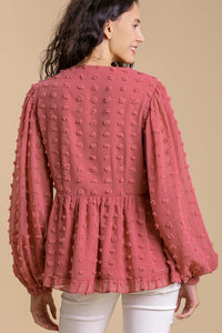 Umgee Swiss Dot Top with Smocked Detail in Dusty Rose Top Umgee   