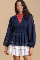 Umgee Swiss Dot Top with Smocked Detail in Navy-FINAL SALE Top Umgee   