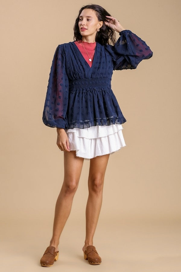 Umgee Swiss Dot Top with Smocked Detail in Navy-FINAL SALE – June Adel