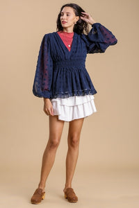 Umgee Swiss Dot Top with Smocked Detail in Navy-FINAL SALE Top Umgee   