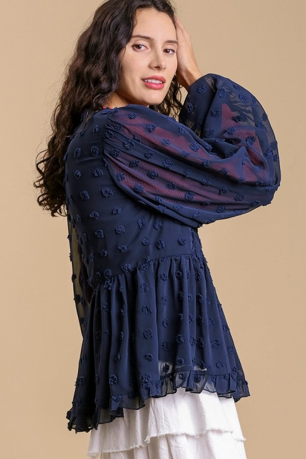 Umgee Swiss Dot Top with Smocked Detail in Navy-FINAL SALE – June Adel