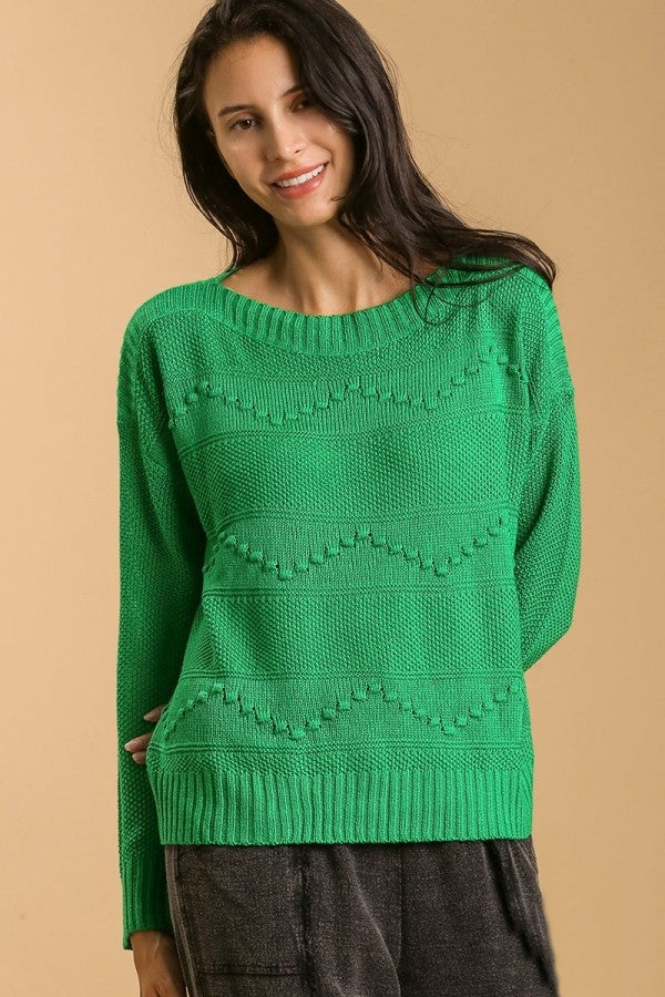 Umgee Boatneck Knit Detail Pullover Sweater in Kelly Green-FINAL SALE Sweaters Umgee   
