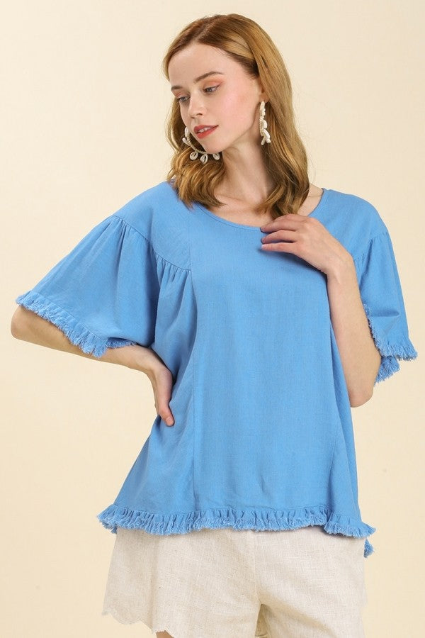 Linen Blend Round Neck Top with Frayed Hem Details in Cloud Top Umgee   