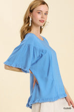 Load image into Gallery viewer, Linen Blend Round Neck Top with Frayed Hem Details in Cloud Top Umgee   

