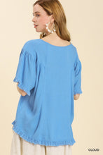Load image into Gallery viewer, Linen Blend Round Neck Top with Frayed Hem Details in Cloud Top Umgee   

