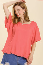 Load image into Gallery viewer, Linen Blend Round Neck Top with Frayed Hem Details in Coral Top Umgee   
