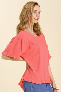 Linen Blend Round Neck Top with Frayed Hem Details in Coral Top Umgee   