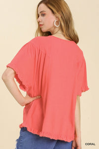 Linen Blend Round Neck Top with Frayed Hem Details in Coral Top Umgee   