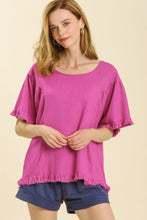 Load image into Gallery viewer, Linen Blend Round Neck Top with Frayed Hem Details in Magenta Top Umgee   
