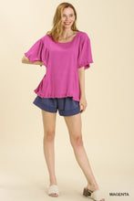 Load image into Gallery viewer, Linen Blend Round Neck Top with Frayed Hem Details in Magenta Top Umgee   
