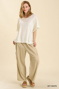 Linen Blend Round Neck Top with Frayed Hem Details in Off White Top Umgee   