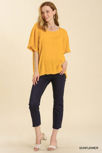Linen Blend Round Neck Top with Frayed Hem Details in Sunflower Top Umgee   