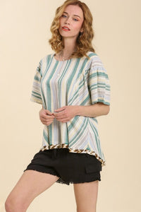 Umgee Multi Color Striped Print Short Sleeve Top in Teal Mix FINAL SALE Top Umgee   