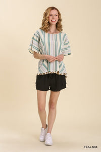 Umgee Multi Color Striped Print Short Sleeve Top in Teal Mix Top Umgee   